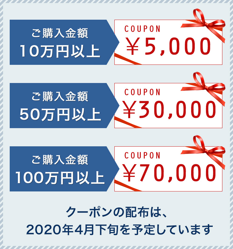 期間中のご注文合計金額に応じ、最大7万円の割引クーポン