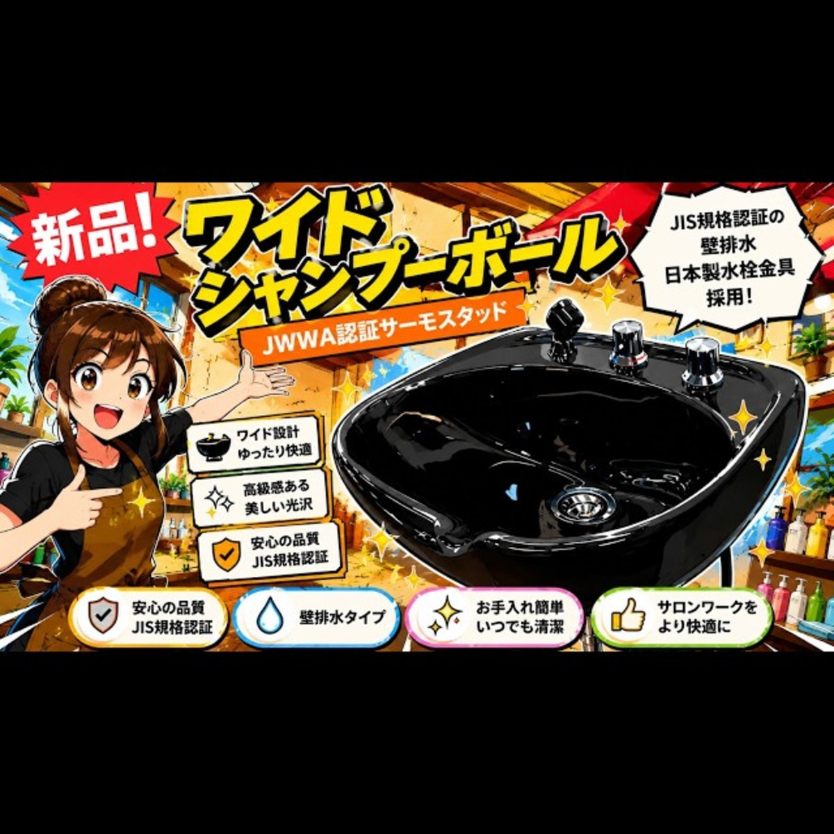 新品 ワイドシャンプーボール YKW（日本製サーモ付き）黒の卸・通販
